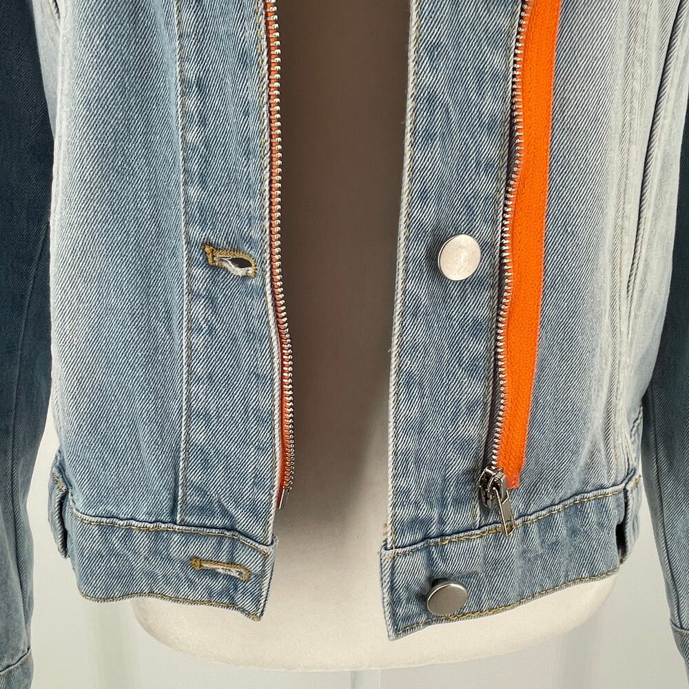 Lee Cooper Vtg 90s Blue Denim Orange Trim Button Asym Zip Classic Jean Jacket M - Picture 5 of 11